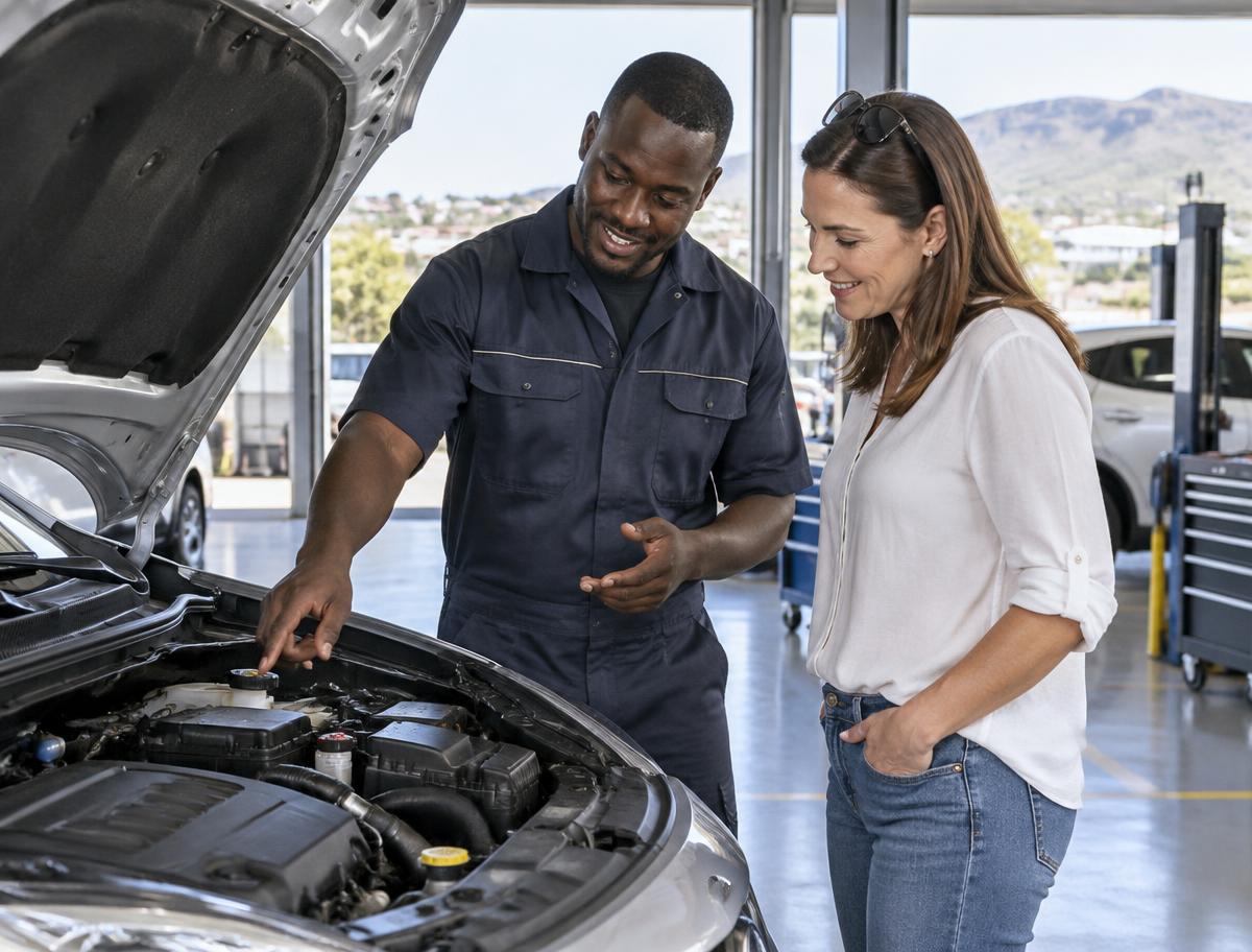 A Black mechanic explaining a vehicle repair to a white customer