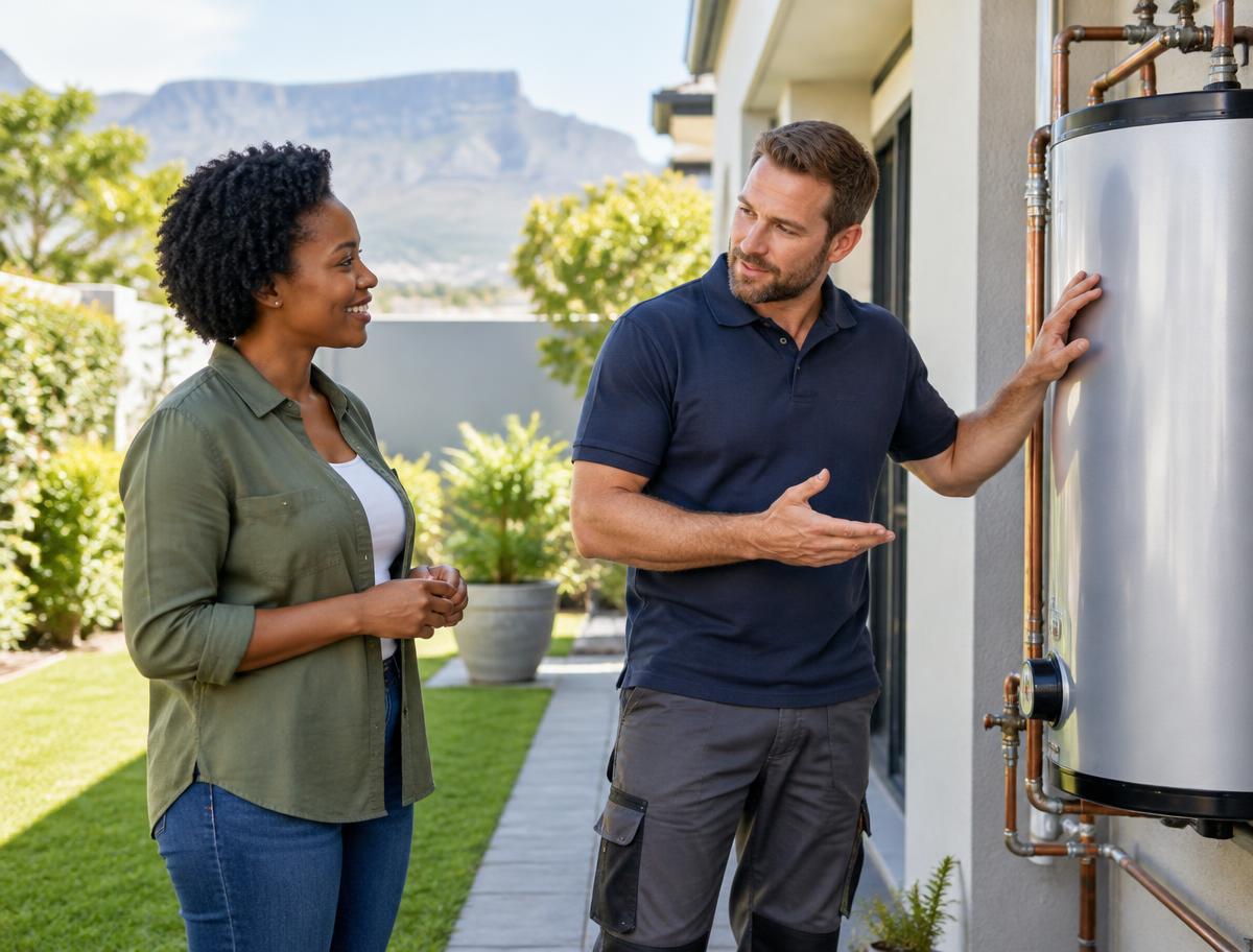 A Black South African homeowner discussing a geyser repair with a white plumber