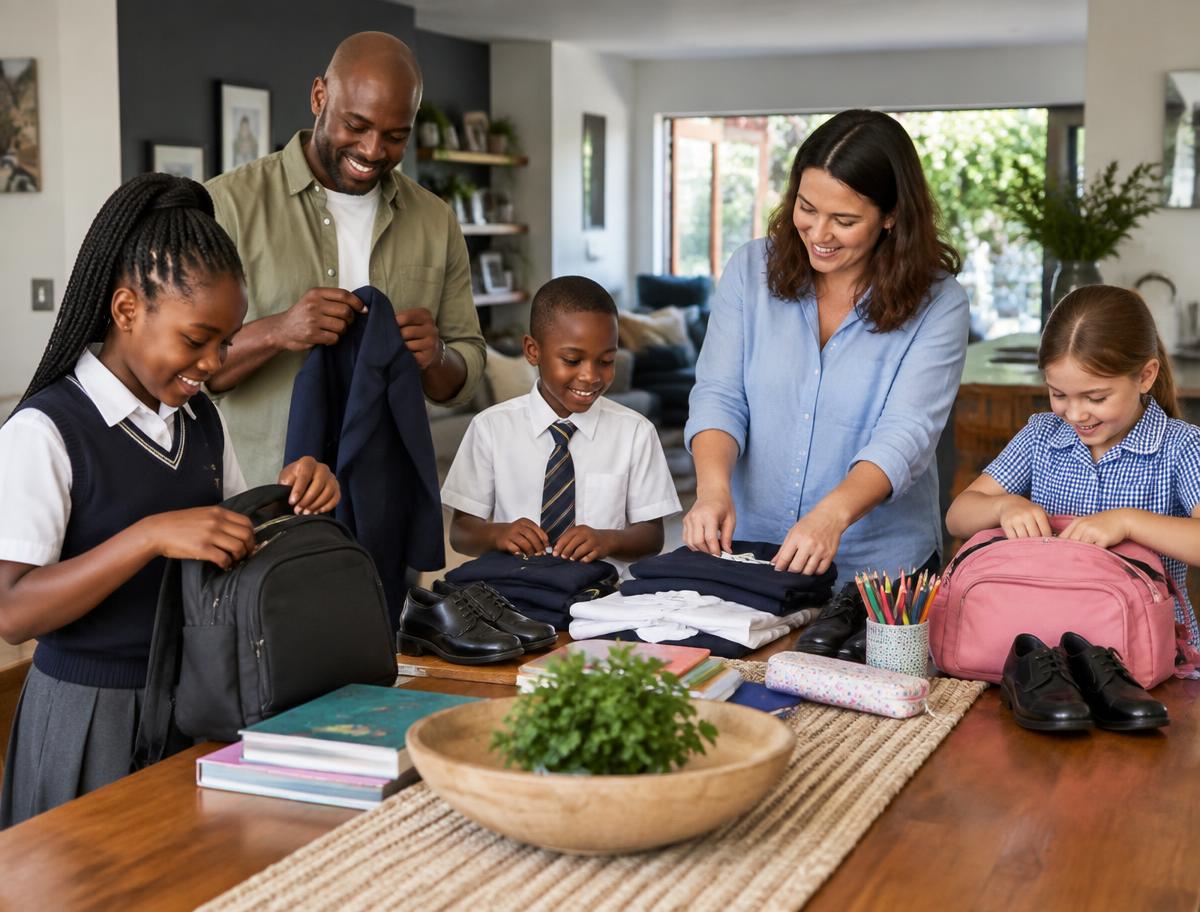 Black and white South African families preparing children for school